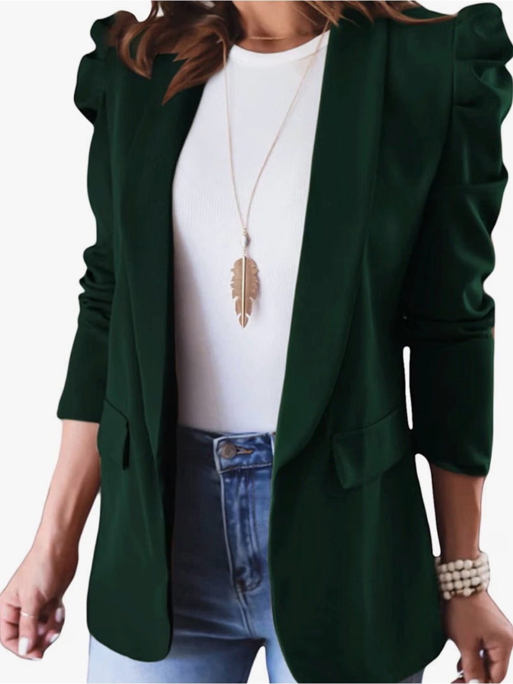 Women's Dark Green Puff Shoulder Blazer Jacket